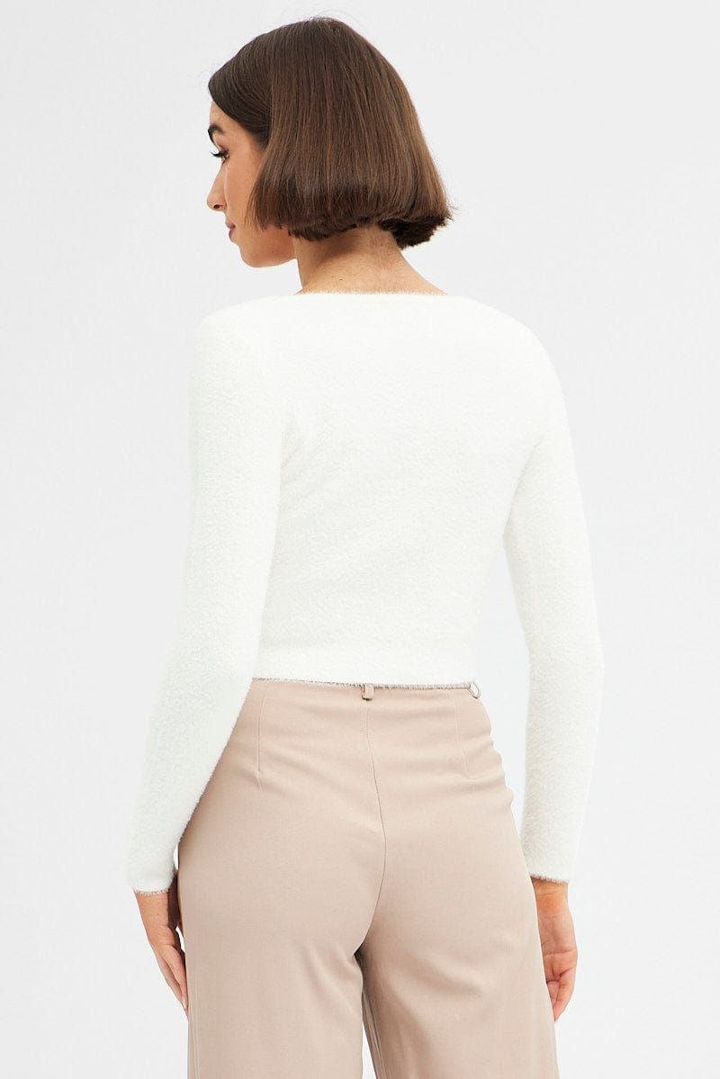White Knit Top Long Sleeve Square Neck