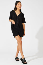 Black Collared Knit Top Short Sleeve Button Up