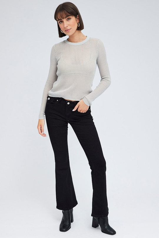 Grey Knit Top Long Sleeve Crew Neck