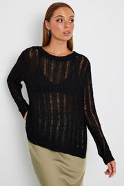 Black Fishnet Knit Top Long Sleeve Crew Neck
