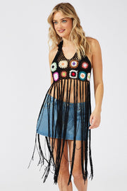 Black Crochet Knit Top Tassel