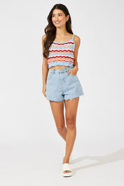 Orange Stripe Knit Singlet Sleeveless Scoop Neck Crochet