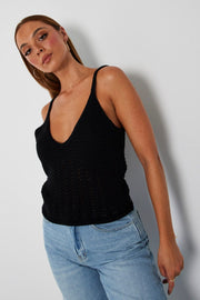 Black Crochet Knit Top Sleeveless V Neck