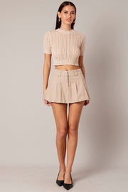 Beige Knit Top Crew Neck Short Sleeves Cropped