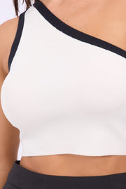 White One Shoulder Knit Crop Top Contrast