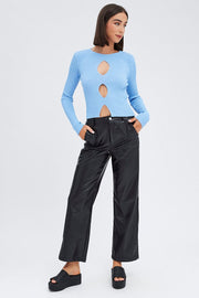 Blue Knit Top Cut Out Long Sleeve Ribbed