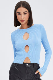 Blue Knit Top Cut Out Long Sleeve Ribbed