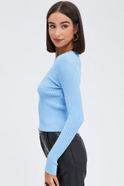 Blue Knit Top Cut Out Long Sleeve Ribbed