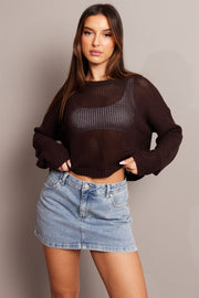Brown Crochet Knit Top Boat Neck Long Sleeve