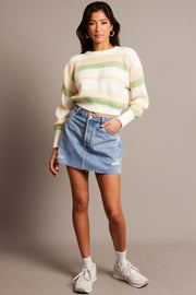 Green Stripe Knit Top Long Sleeve Color Block