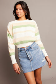 Green Stripe Knit Top Long Sleeve Color Block