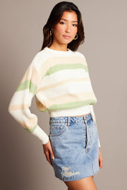 Green Stripe Knit Top Long Sleeve Color Block