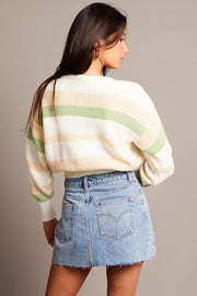 Green Stripe Knit Top Long Sleeve Color Block