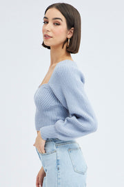Blue Knit Top Sweet Heart Neck Volume Sleeve Crop