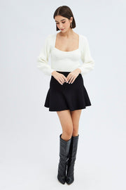 White Knit Top Sweet Heart Neck Volume Sleeve Crop