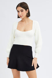 White Knit Top Sweet Heart Neck Volume Sleeve Crop