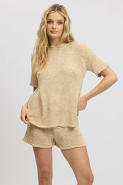 Beige Knit Top Short Sleeve Crew Neck