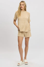 Beige Knit Top Short Sleeve Crew Neck