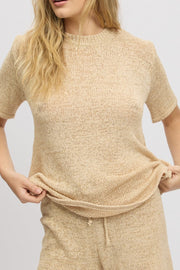 Beige Knit Top Short Sleeve Crew Neck