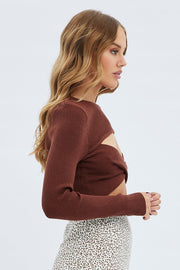 Brown Knit Top Long Sleeve Twisted Front