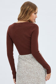 Brown Knit Top Long Sleeve Twisted Front