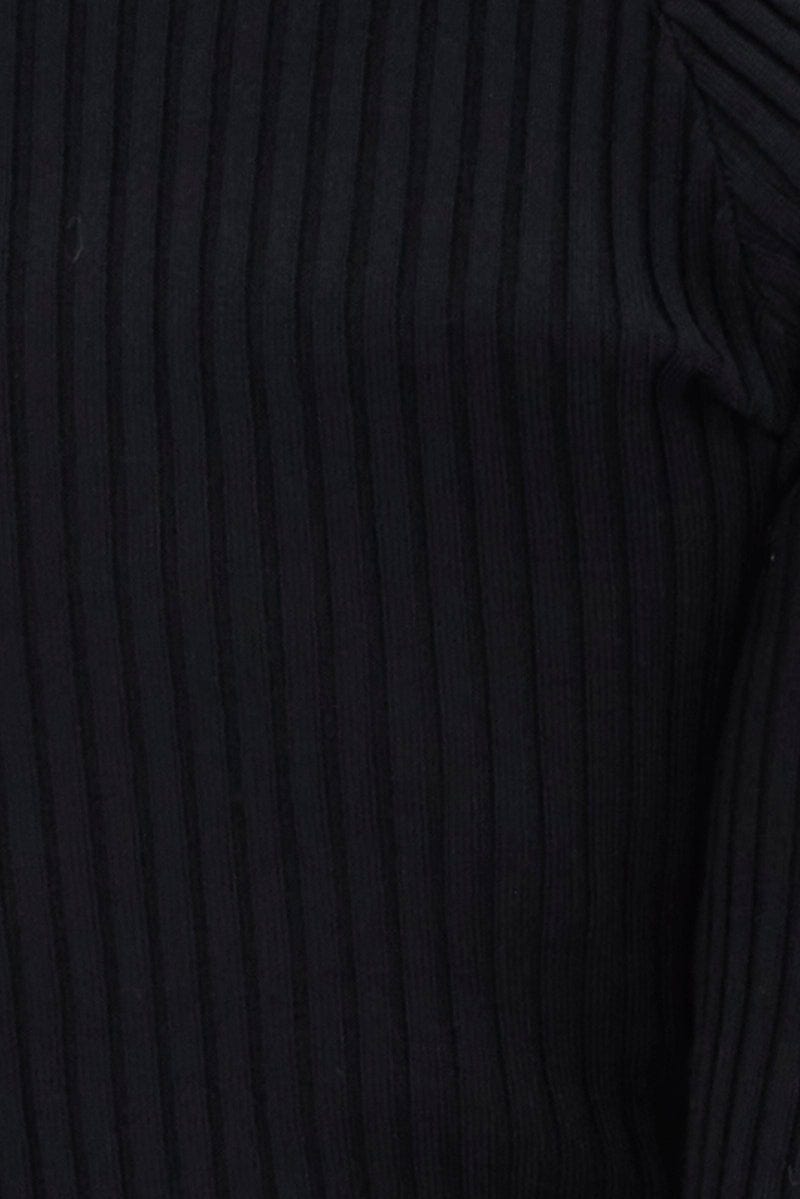 Black Knit Top Long Sleeve Lace Up Detail Ribbed