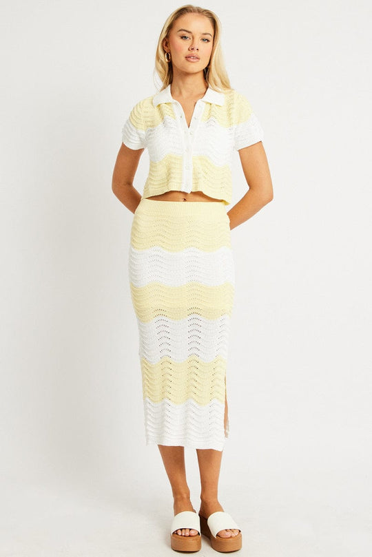 Yellow Stripe Crochet Knit Top Collared