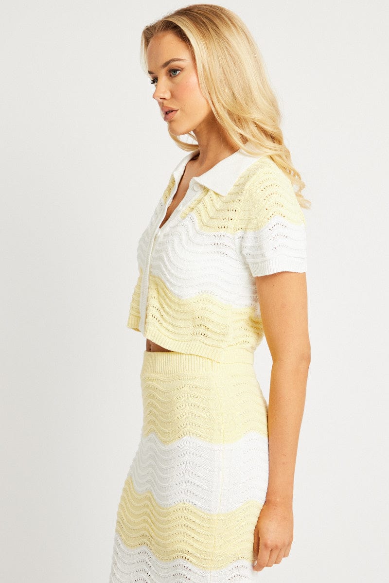 Yellow Stripe Crochet Knit Top Collared