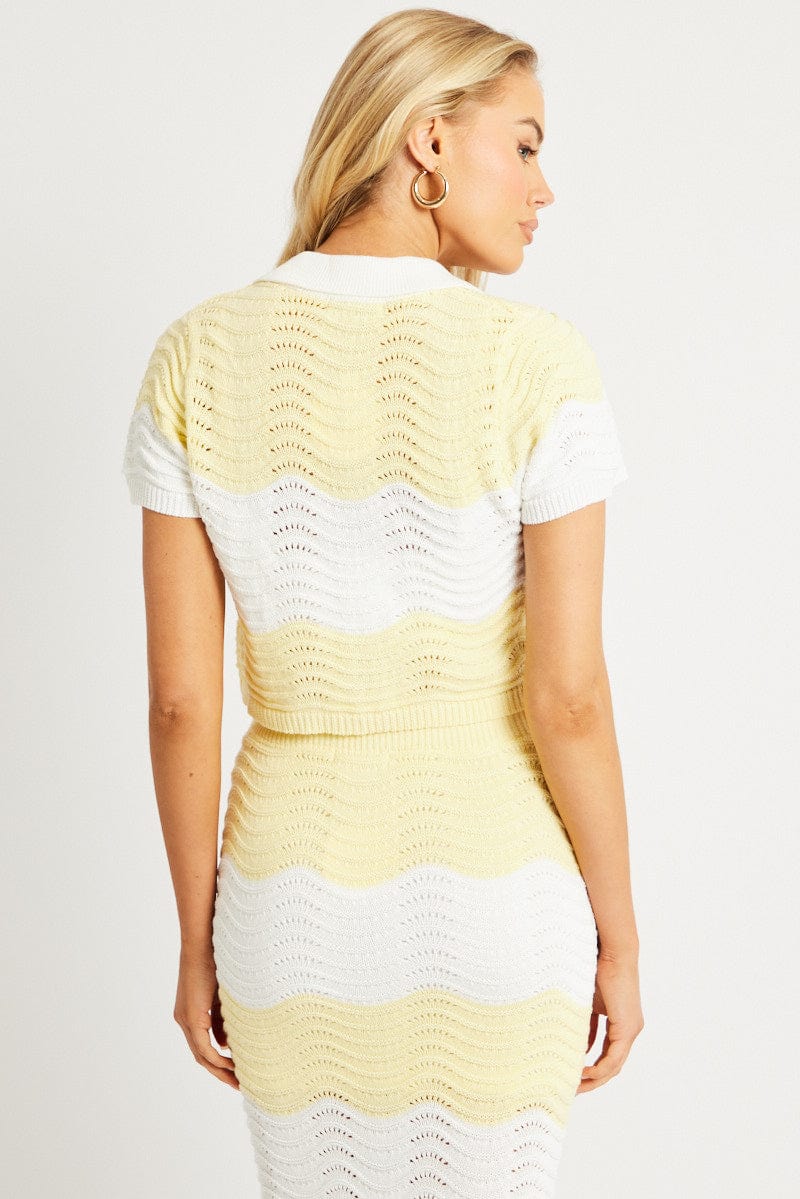 Yellow Stripe Crochet Knit Top Collared
