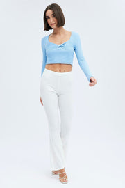 Blue Knit Top Twist Bust Crop Ribbed