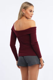 Red One Shoulder Knit Top Long Sleeve