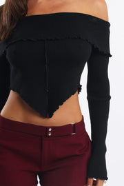 Black Bardot Knit Top Long Sleeve Open Front