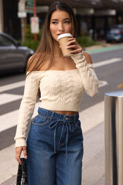 White Cable Knit Top Long Sleeve Off Shoulder