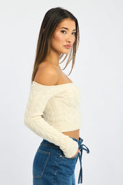 White Cable Knit Top Long Sleeve Off Shoulder