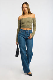 Green Cable Knit Top Long Sleeve Off Shoulder