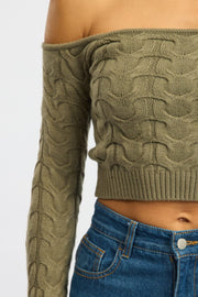 Green Cable Knit Top Long Sleeve Off Shoulder
