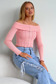 Pink Knit Top Long Sleeve Off Shoulder Zip Front