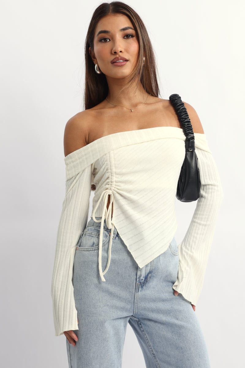 White Off Shoulder Top Long Sleeve Ruched