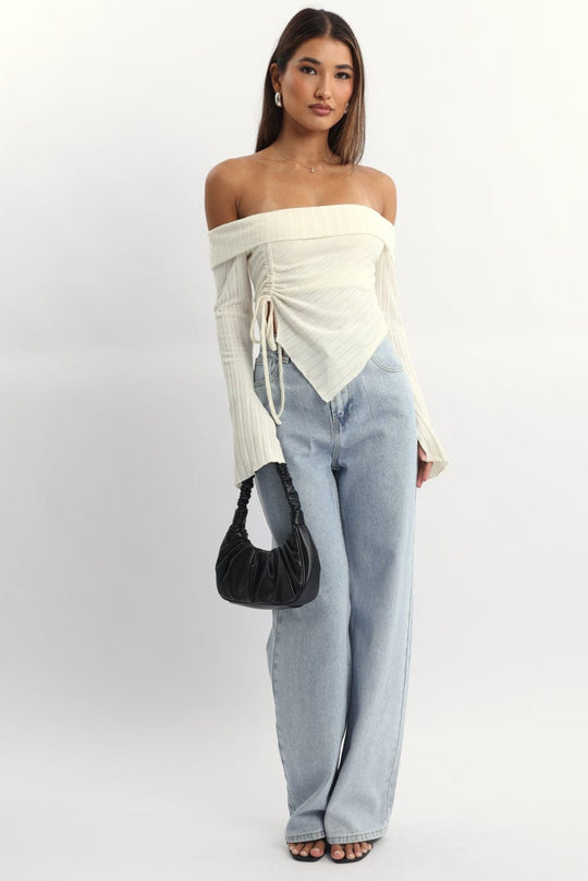 White Off Shoulder Top Long Sleeve Ruched