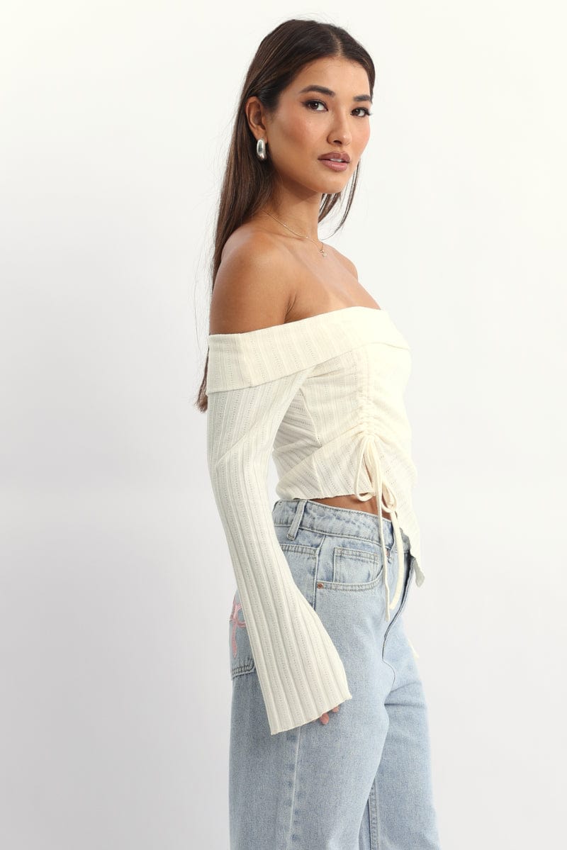 White Off Shoulder Top Long Sleeve Ruched