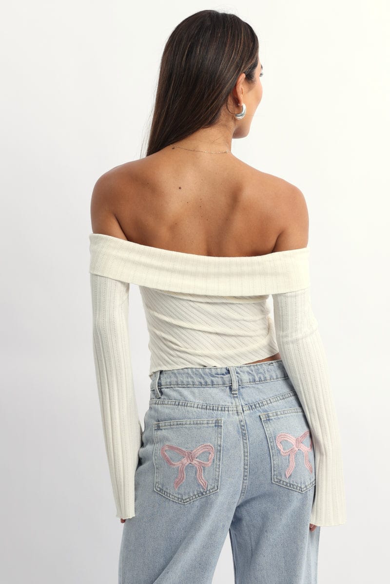 White Off Shoulder Top Long Sleeve Ruched