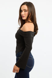 Black Off Shoulder Top Long Sleeve Ruched