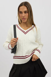 White Cable Knit Top Long Sleeve V-Neck