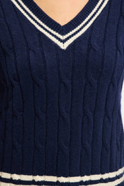 Blue Cable Knit Top Long Sleeve V-neck