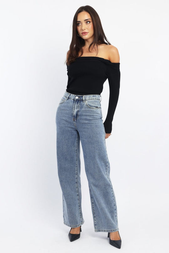 Black Knit Top Long Sleeve Off Shoulder