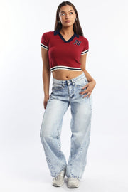 Red Knit Top Short Sleeve Collared