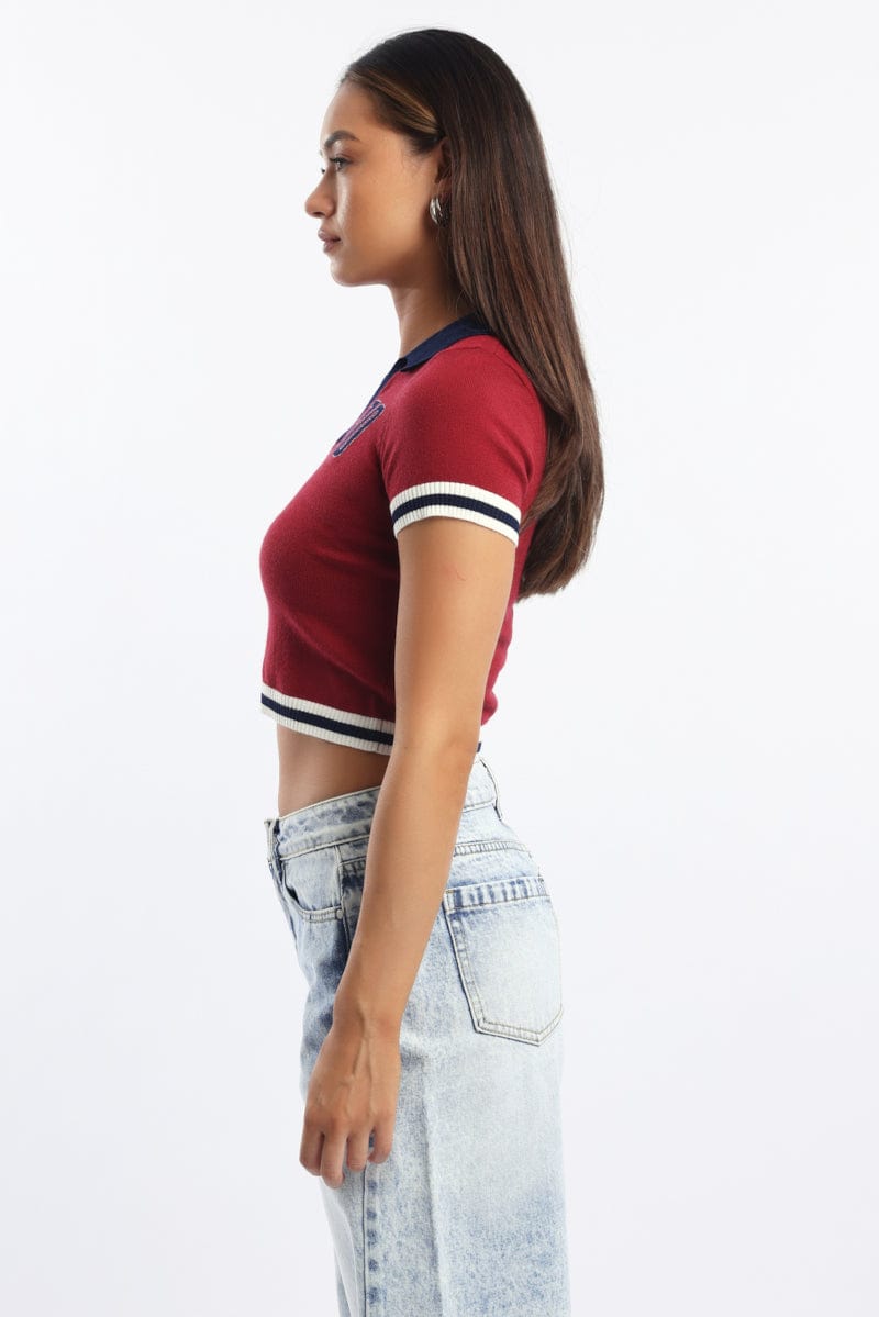 Red Knit Top Short Sleeve Collared