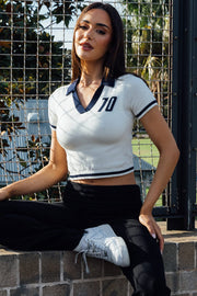 White Knit Top Short Sleeve Collared