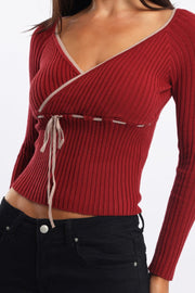 Red Knit Top Long Sleeve Wrap Front Contrast Ribbon