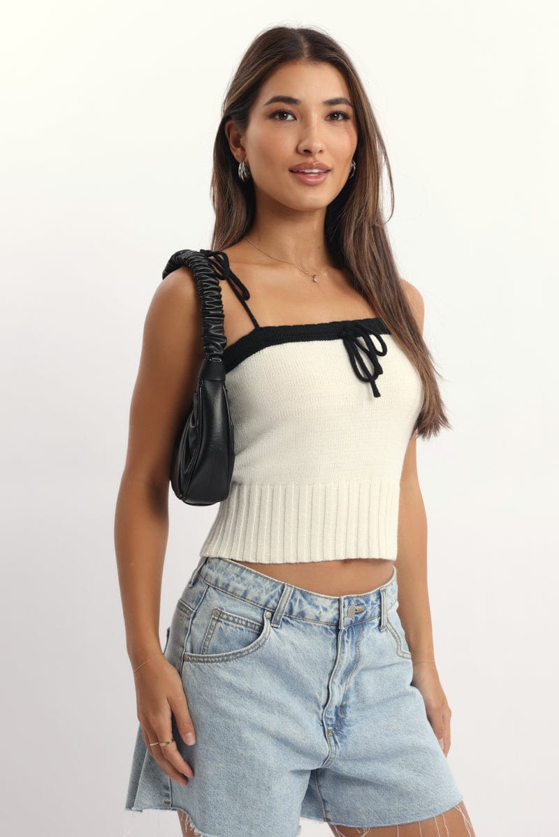 White Knit Top Sleeveless Contrast Ribbon